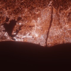 Hamamatsu city lights map, top view from space. Aerial view on night street lights. Global networking, cyberspace