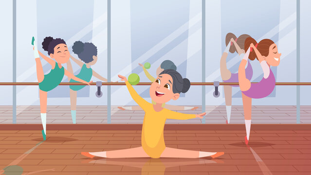 Gymnastic sport competition. Girls in action poses making sport acrobatic exercises exact vector cartoon background