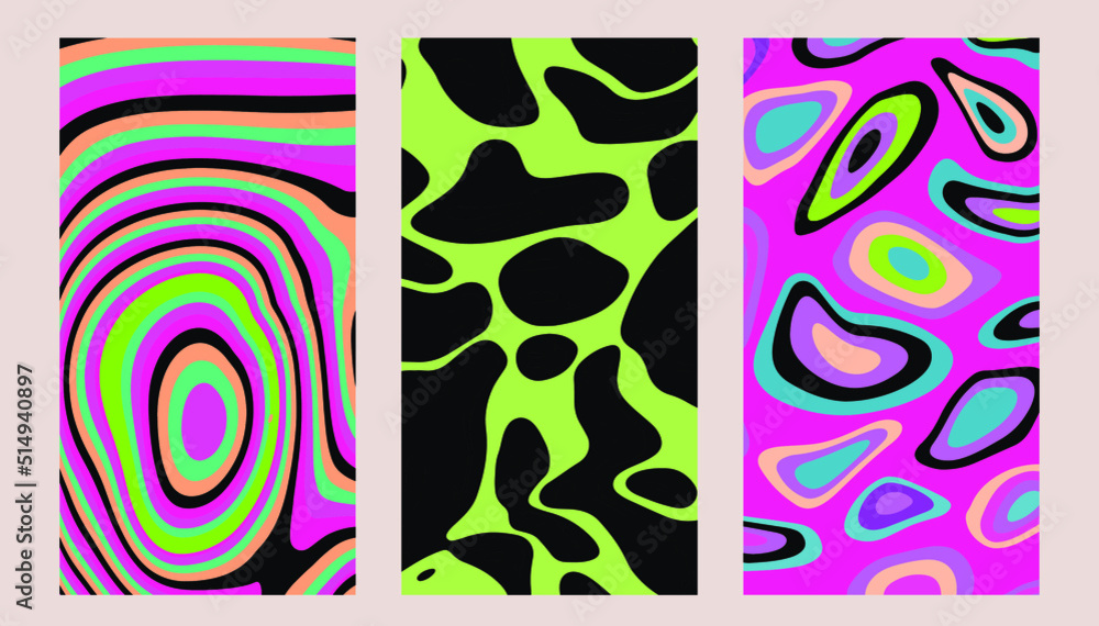 Poster Set of hippie retro posters with melting and distorting shapes.