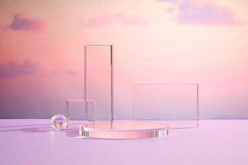 Front view of transparent podium decorated with pinky cloudy sky background abstract content - obrazy, fototapety, plakaty