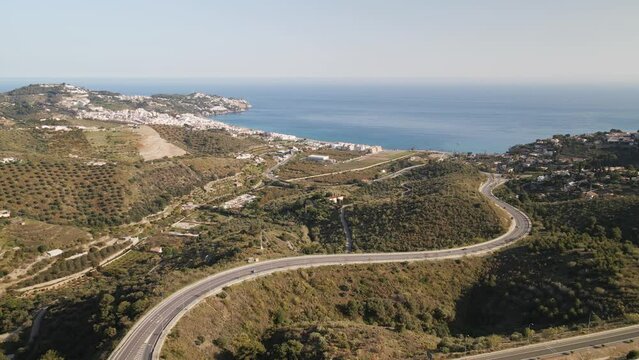 Aerial view of a Mediterranean coastal road in Motril, Costa del Sol, Spain