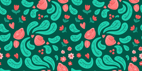 Fototapeta premium Green seamless pattern with ethnic pattern of pink roses with green leaves. Seamless pattern background for textile, wallpaper, background for notebook cover. Floral doodle pattern.