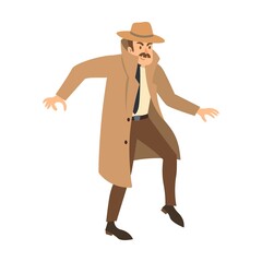 Detective vector illustration. Character in coat and hat, investigator or inspector solving mystery isolated on white
