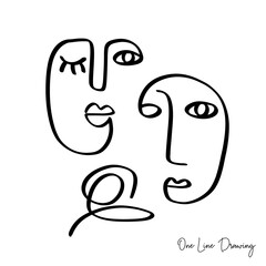Hand drawn One line couple people faces