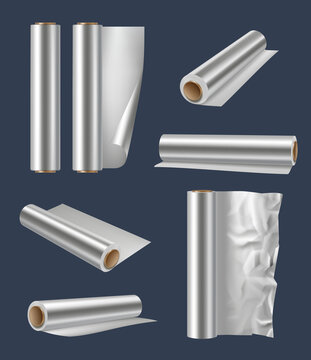 Metallic paper. Realistic aluminium foil templates kitchen items for helping cooking decent vector illustrations set