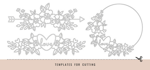 Templates for decoration. Frame and borders with flowers.  Elements for cutting paper, plotter or laser cutting.