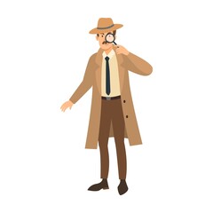 Detectiv vector illustration. Cartoon character in coat and hat, investigator or inspector solving mystery isolated on white