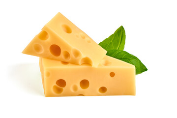 Swiss cheese triangles, isolated on white background.