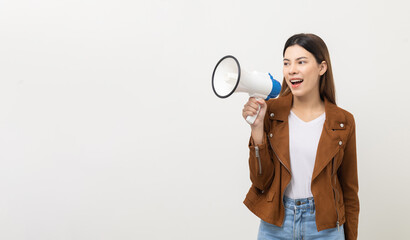 Shout out loud with megaphone. Young beautiful mixed race woman  announces with a voice about promotions and advertisements for products at a discounted price. Standing on isolated white background.