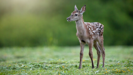 Lovely young red deer, cervus elaphus, looking aside on a meadow with cut down grass in summer. Baby animal standing on green plants on hay field. Animal wildlife in nature.