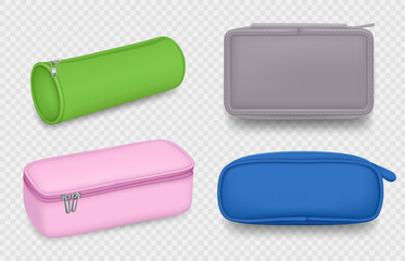 Pencil case. Containers for school stationery brushes pencils pens decent vector realistic templates collection