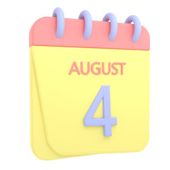 4th August 3D calendar icon. Web style. High resolution image. White background