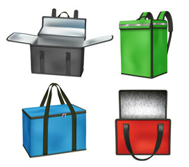 Delivery containers. Courier packages for fresh beverages food waterproofing bags decent vector realistic pictures set isolated