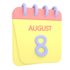 8th August 3D calendar icon. Web style. High resolution image. White background