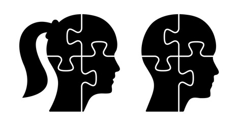 Woman and man head profile icon made from four black puzzle pieces vector design. Thinking diversity concept design to use for business, brainstorm, decision, success, teamwork projects.