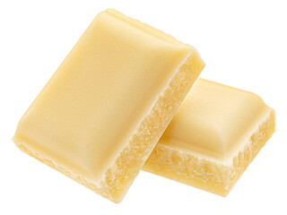 White milk chocolate pieces isolated on white background