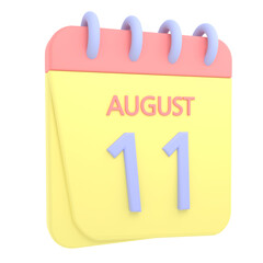 11th August 3D calendar icon. Web style. High resolution image. White background