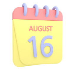 16th, August 3D calendar icon. Web style. High resolution image. White background
