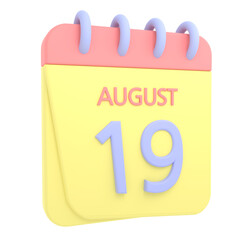 19th August 3D calendar icon. Web style. High resolution image. White background