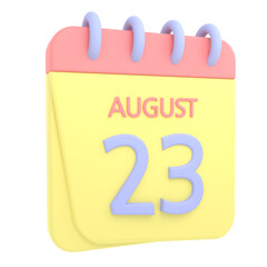 23rd August 3D calendar icon. Web style. High resolution image. White background
