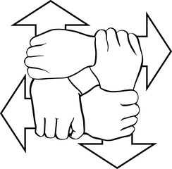 Black and white vector illustration of four hands holding each other on the wrist, the arm is an arrow. Concept of teamwork in diversity.