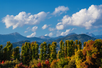 Apennine mountain range near Lucca in Italy, with autumn foliage