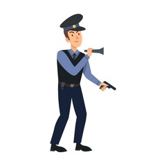 Policemen vector illustration. Police officer, burglar with gun, arrested character, angry guy isolated on white. Security, crime, law, justice
