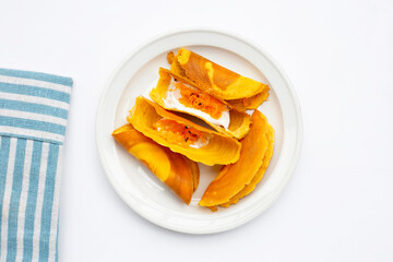 Thai crispy pancakes on white background.