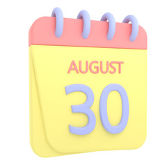 30th August 3D calendar icon. Web style. High resolution image. White background