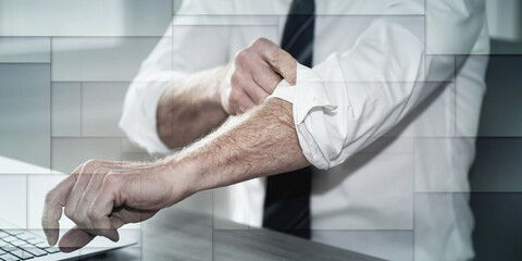 Businessman rolling up his sleeves, geometric pattern