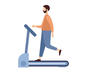 Man running on treadmill. Sport concept. Fitness, exercising, healthy lifestyle, cardio activity. Vector flat illustration 