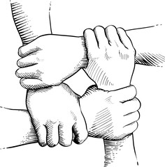 Black and white vector illustration of four hands holding each other on the wrist. Concept teamwork, cooperation, unity.