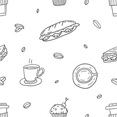 Breackfast seamless pattern. Coffee cup, beans, sandwiches, cupcakes. Food and drink. Hand drawn line vector illustration.