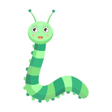 Funny smiling caterpillar flat icon. Cartoon cute caterpillar, fly, beetle, butterfly, snail, spider isolated vector illustration. Nature and insect