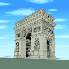 Triumphal Arch in Paris France. Color pencil sketch