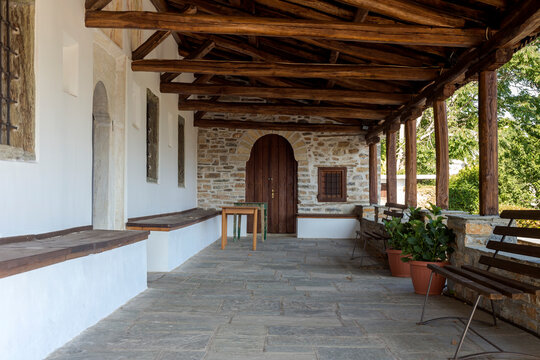 The inner courtyard of the Christian temple of Zoodochos Pigi in Vizitsa village (South Pelion, Prefecture of Magnesia, Greece)