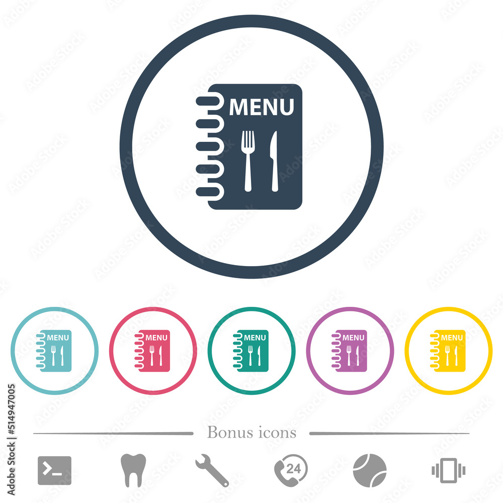 Poster menu with fork and knife flat color icons in round outlines