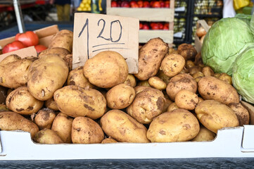 Potatoes for sale at vegetable market, close up. Boxes full of potatoes in shop. Fresh potato at...