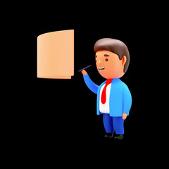 3D Render Of Businessman Editing Flexible Screen On Black Background.