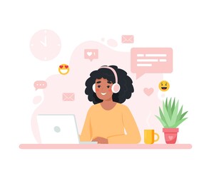 Black woman working with computer, home office, student or freelancer. Customer service, call center and support. Cute concept vector illustration in flat style