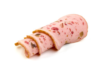 Folded Mortadella sausage with lettuce, isolated on white background.