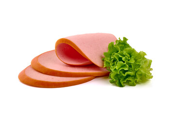 Boiled ham sausage slices, isolated on white background.