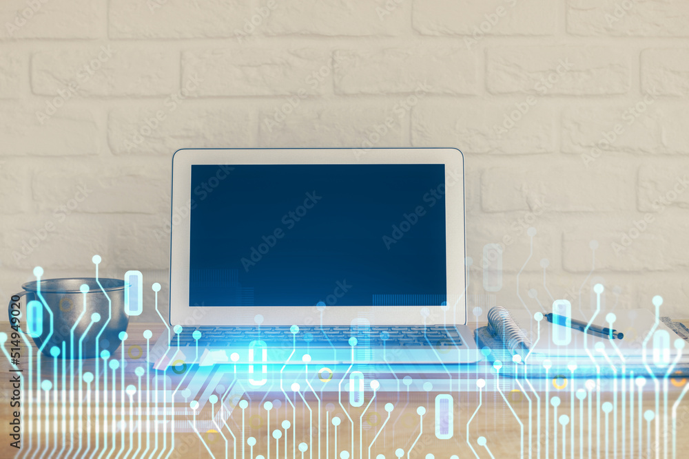 Poster Double exposure of computer and technology theme hud. Concept of innovation.