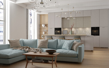 Modern interior of kitchen with living room. 3d render