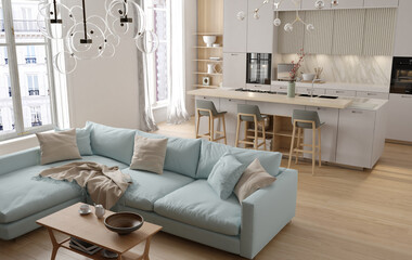 Modern interior of kitchen with living room. 3d render