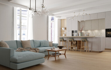 Modern interior of kitchen with living room. 3d render