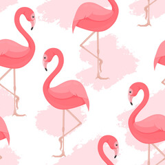 Vector seamless pattern with beautiful bright pink flamingos on abstract paint blots.Trendy fashion print. Lovely tropical jungle inhabitants. Layouts design element for World Pink Flamingo Day. Zoo.