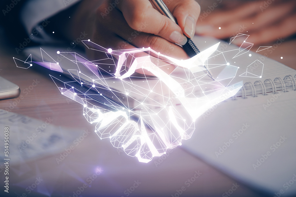 Poster handshake drawing over hands taking notes background. concept of success. double exposure