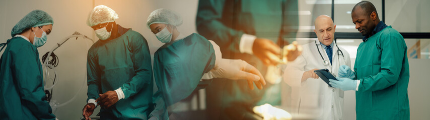 Medical Team Performing Surgical Operation in Modern Operating Room. Banner cover design.	
