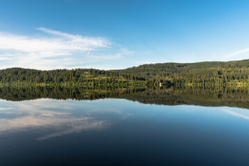 Morning atmosphere at lake Schluchsee in the Black Forest, trees reflect in the calm water of the lake, Baden-Wuerttemberg, Germany